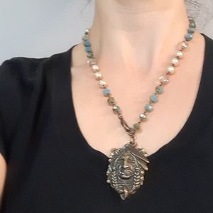 Turquoise-Bead Bronze Tribal Pendant Necklace - Women Jewelry